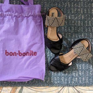 bon-bonite Black Onyx Heeled Sandals in Granite Leather-Size: 7